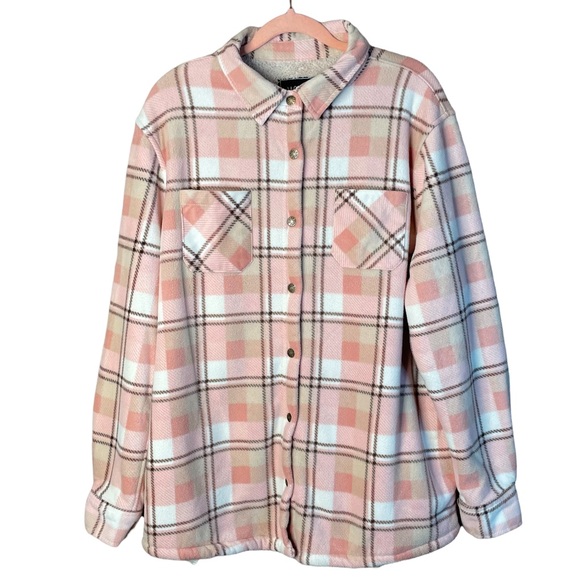 Jackets & Blazers - Modern Canvas Womens Pink Plaid Fleece Lined Jacket Shacket 4 Pockets Size 2XL